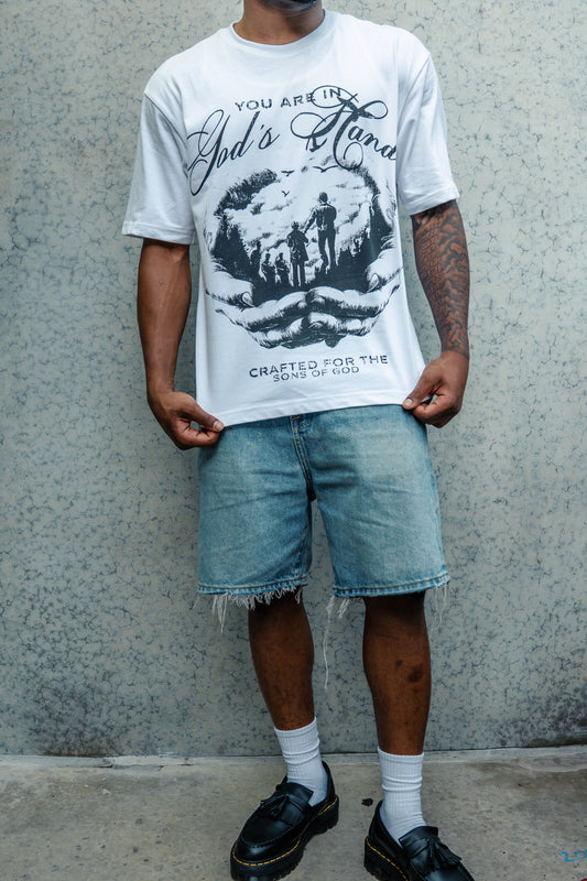 White "You are in God's Hands" Boxy Tee (Heavyweight & Oversized)