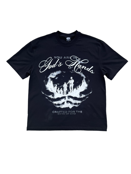 Black "You are in God's Hands" Boxy Tee (Heavyweight & Oversized)