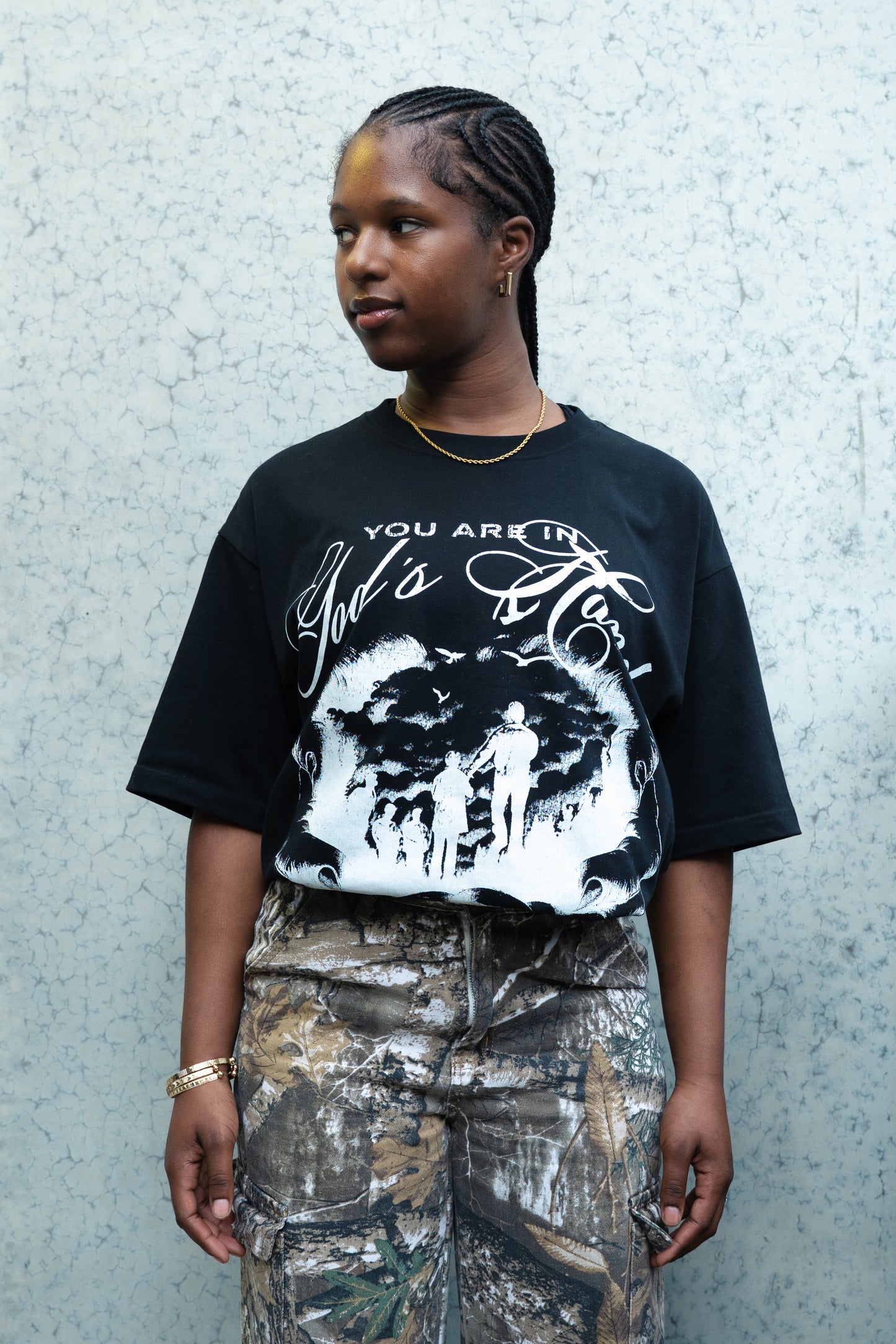 Black "You are in God's Hands" Boxy Tee (Heavyweight & Oversized)